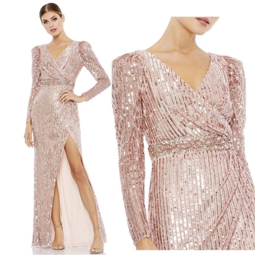Elegant Rose Gold Sequin V-Neck Evening Dress